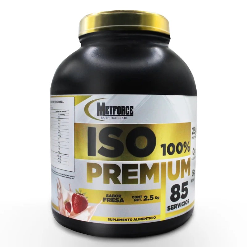 Bote de Proteína ISO 100% premium marca Metfoce para 65 servicios sabor fresa.